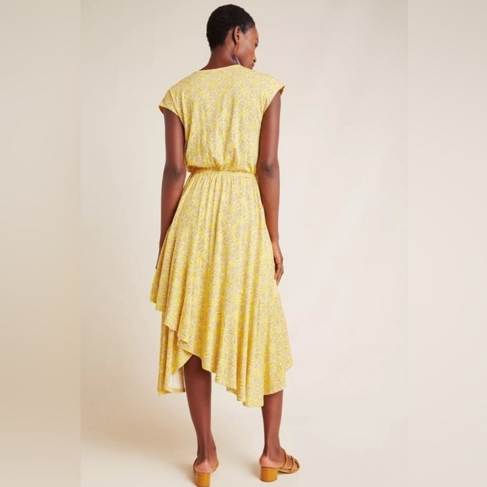 Maeve Yellow Absract Print Asymetrical Hem Shortsleeve Dress Size M - Picture 3 of 13